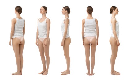 Image of Young woman in underwear on white background, collage. View from different sides