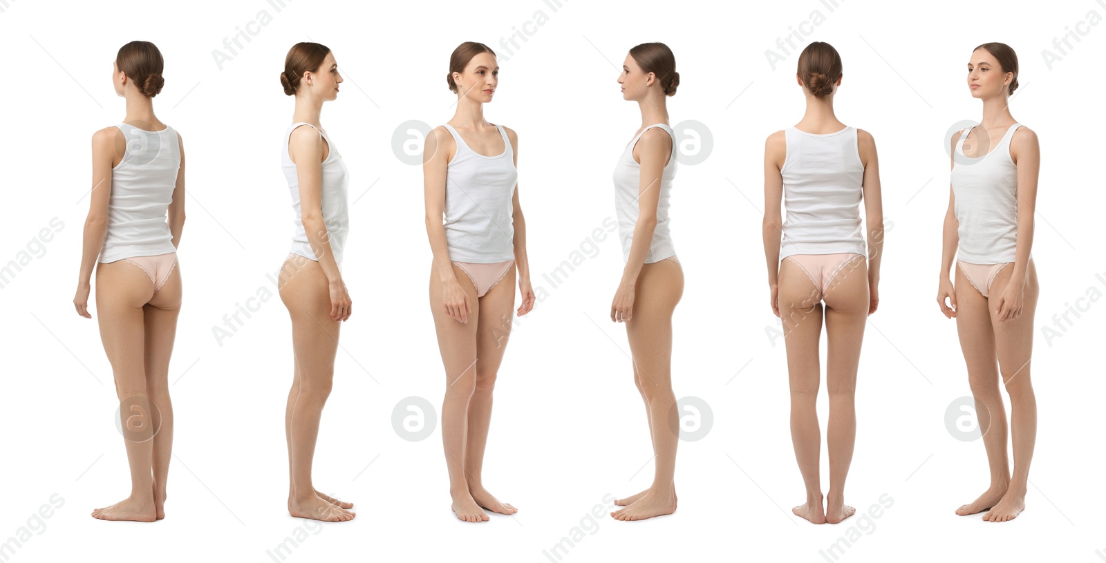 Young woman in underwear on white background, collage. View from different sides Image of Young woman in underwear on white background, collage. View from different sides