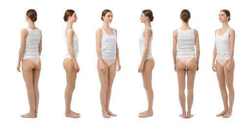 Image of Young woman in underwear on white background, collage. View from different sides