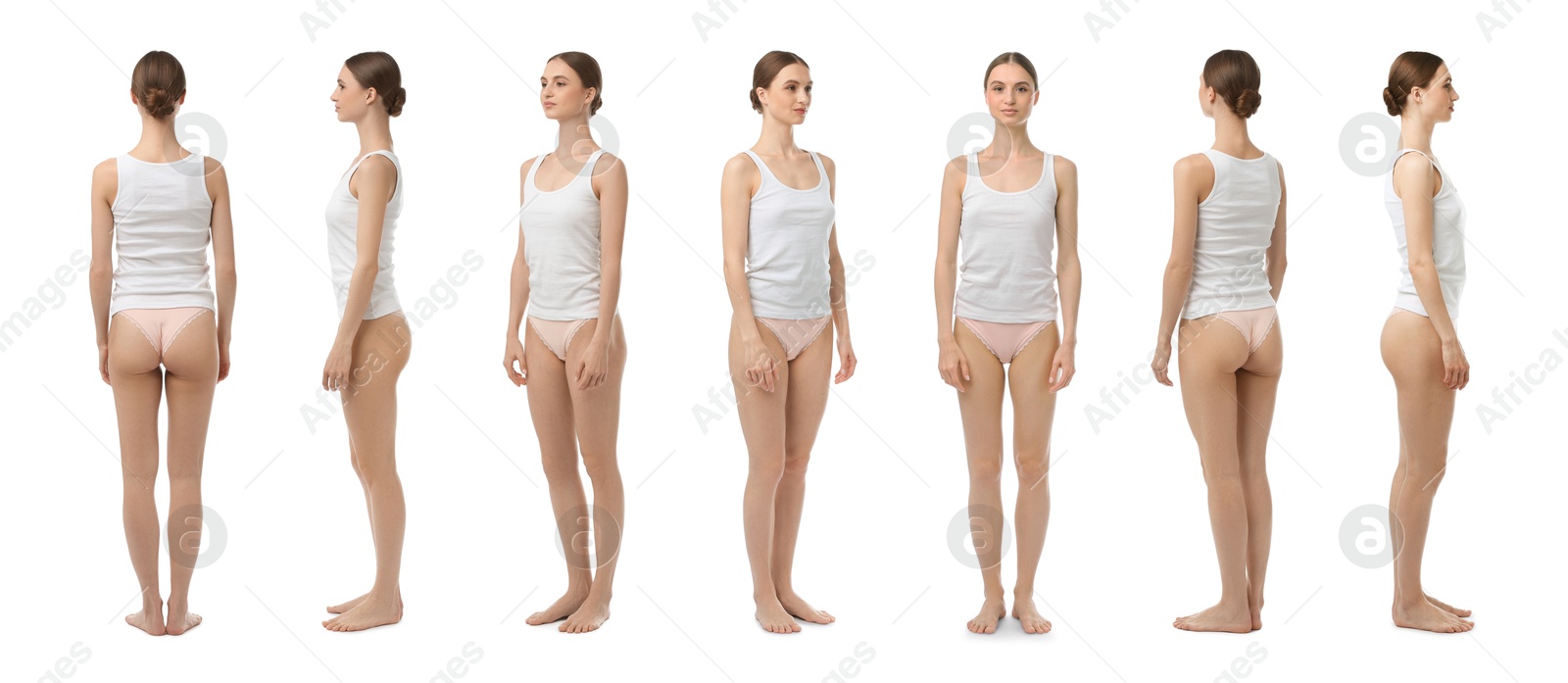 Young woman in underwear on white background, collage. View from different sides Image of Young woman in underwear on white background, collage. View from different sides
