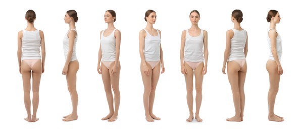 Image of Young woman in underwear on white background, collage. View from different sides