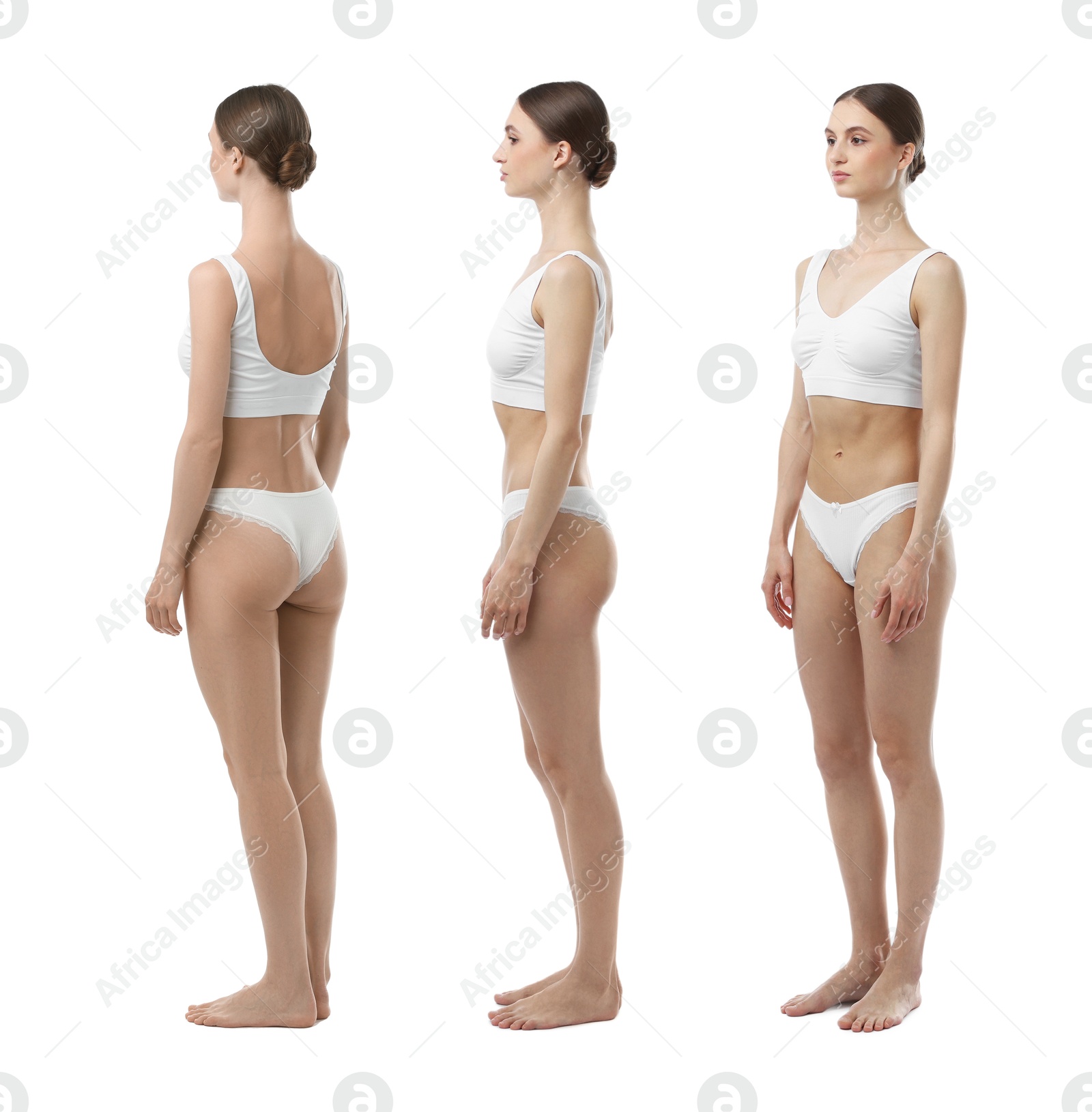 Young woman in underwear on white background, collage. View from different sides Image of Young woman in underwear on white background, collage. View from different sides