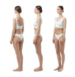 Image of Young woman in underwear on white background, collage. View from different sides