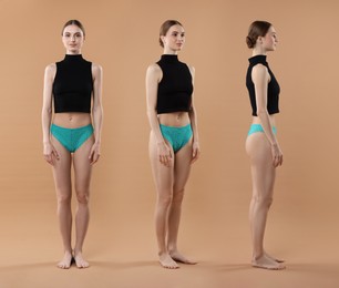 Image of Young woman in underwear on light brown background, collage. View from different sides