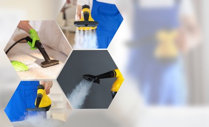 Image of Different photos of janitors using steam cleaners, collage. Space for text