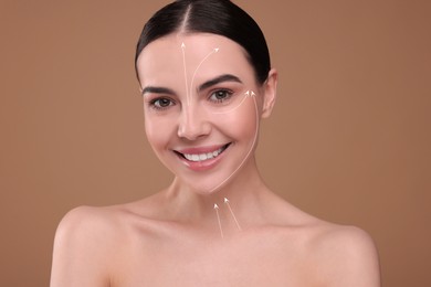 Image of Beautiful woman with perfect skin after collagen treatment on brown background. Arrows on her face illustrating lifting and smoothing effect