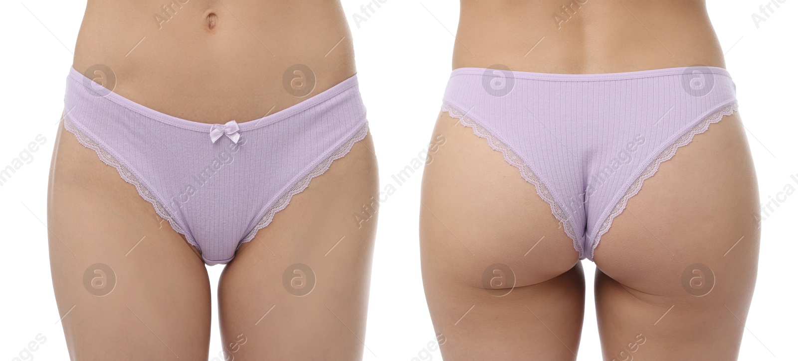 Woman in beautiful underwear on white background, closeup. Front and back view, collage Image of Woman in beautiful underwear on white background, closeup. Front and back view, collage