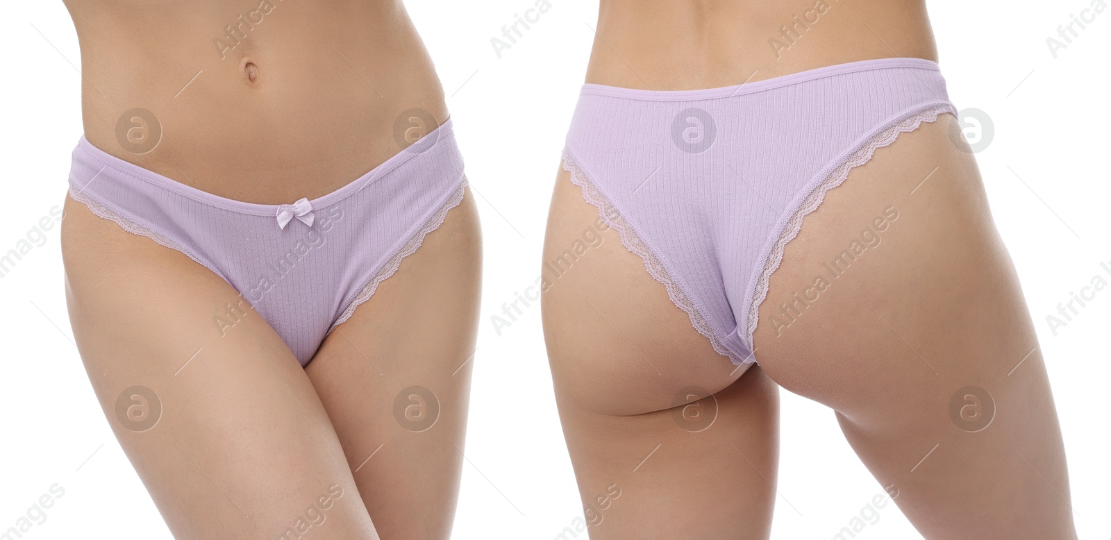 Woman in beautiful underwear on white background, closeup. Front and back view, collage Image of Woman in beautiful underwear on white background, closeup. Front and back view, collage