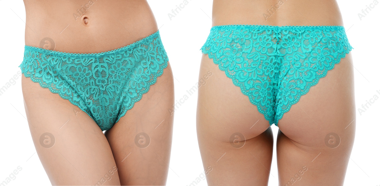 Woman in turquoise underwear on white background, closeup. Front and back view, collage Image of Woman in turquoise underwear on white background, closeup. Front and back view, collage
