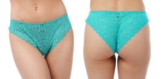 Image of Woman in turquoise underwear on white background, closeup. Front and back view, collage