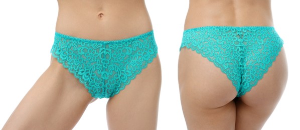 Image of Woman in turquoise underwear on white background, closeup. Front and back view, collage