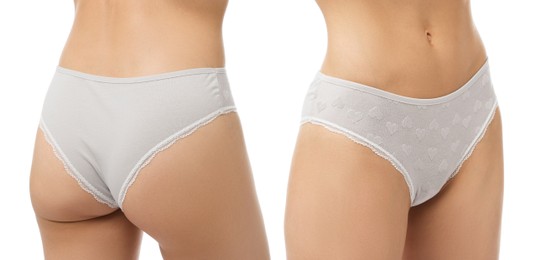 Image of Woman in underwear on white background, closeup. Front and back view, collage