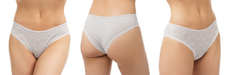Image of Woman in underwear on white background, closeup. View from different sides, collage