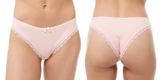 Image of Woman in underwear on white background, closeup. Front and back view, collage