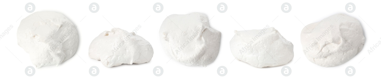 Yummy meringue cookies isolated on white, collage. Top and side view Image of Yummy meringue cookies isolated on white, collage. Top and side view