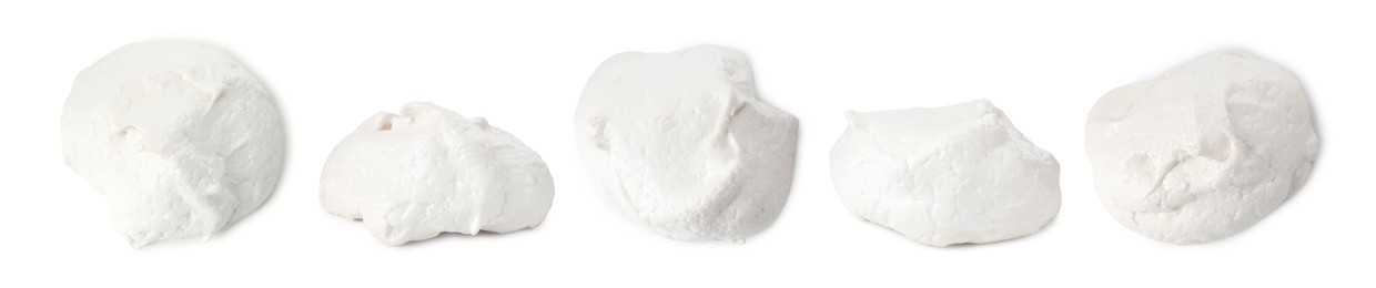 Image of Yummy meringue cookies isolated on white, collage. Top and side view