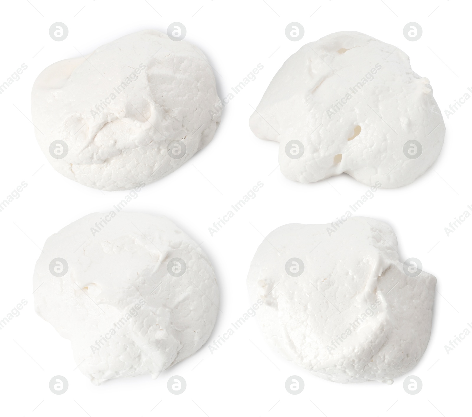 Yummy meringue cookies isolated on white, collage. Top view Image of Yummy meringue cookies isolated on white, collage. Top view