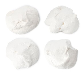 Image of Yummy meringue cookies isolated on white, collage. Top view