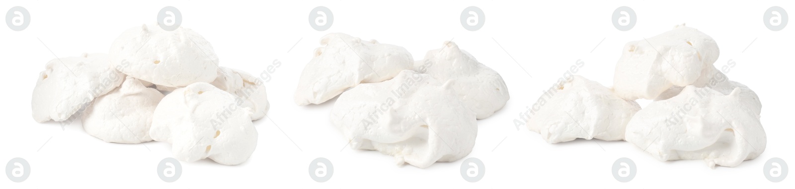Yummy meringue cookies isolated on white, collage Image of Yummy meringue cookies isolated on white, collage
