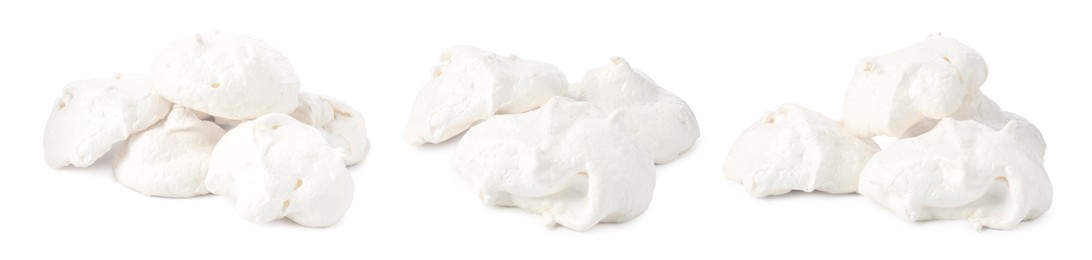 Image of Yummy meringue cookies isolated on white, collage