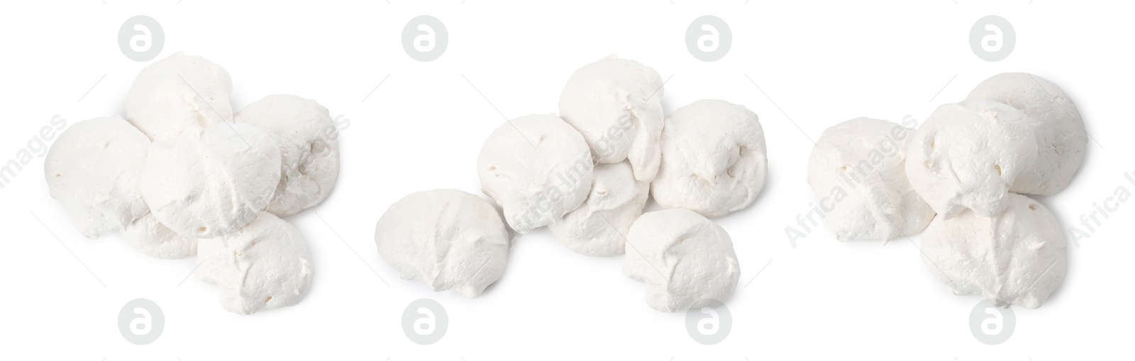 Yummy meringue cookies isolated on white, collage Image of Yummy meringue cookies isolated on white, collage