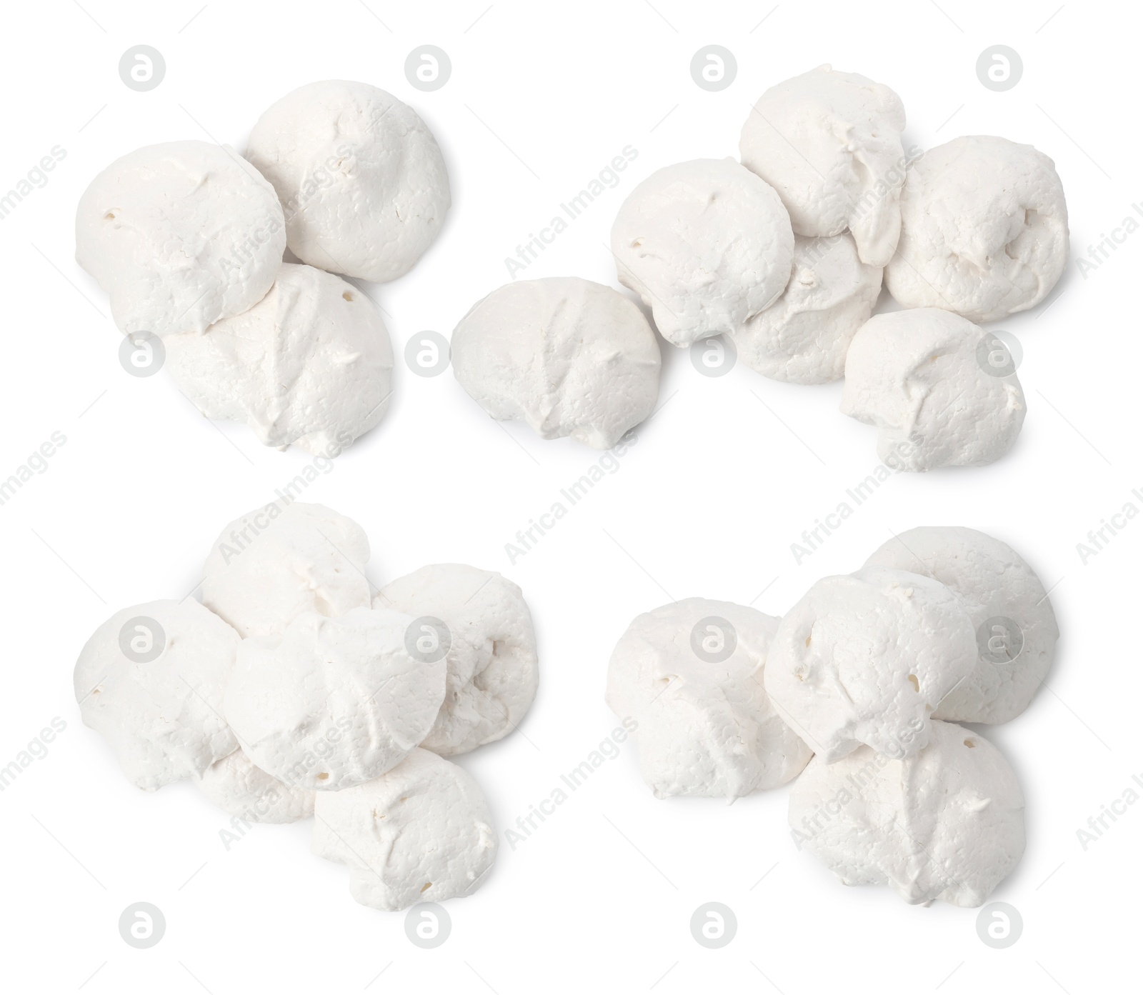 Yummy meringue cookies isolated on white, collage. Top view Image of Yummy meringue cookies isolated on white, collage. Top view