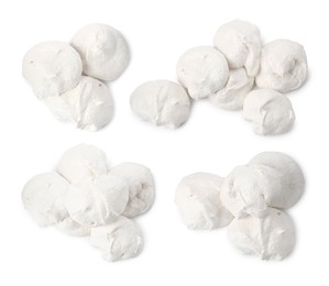 Image of Yummy meringue cookies isolated on white, collage. Top view