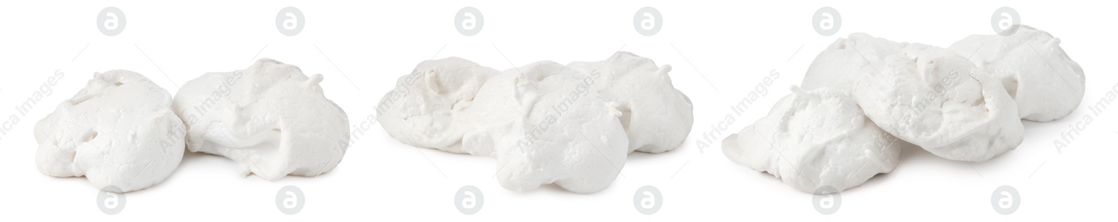 Yummy meringue cookies isolated on white, collage Image of Yummy meringue cookies isolated on white, collage