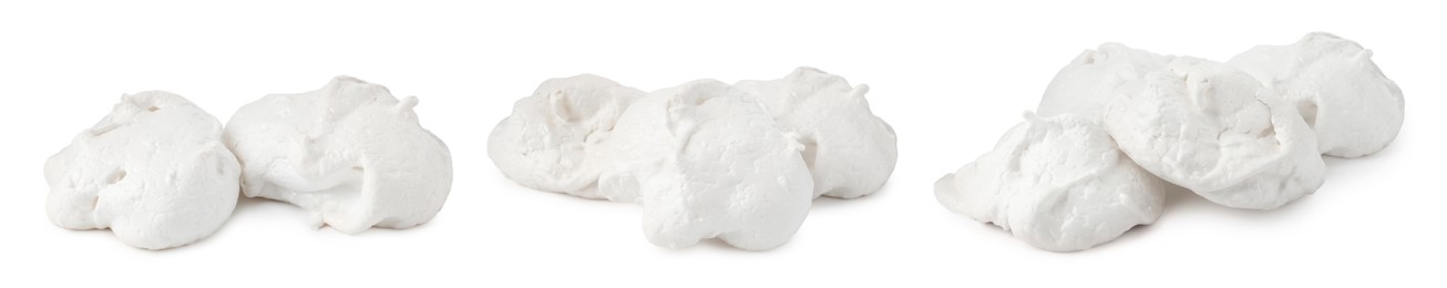 Image of Yummy meringue cookies isolated on white, collage