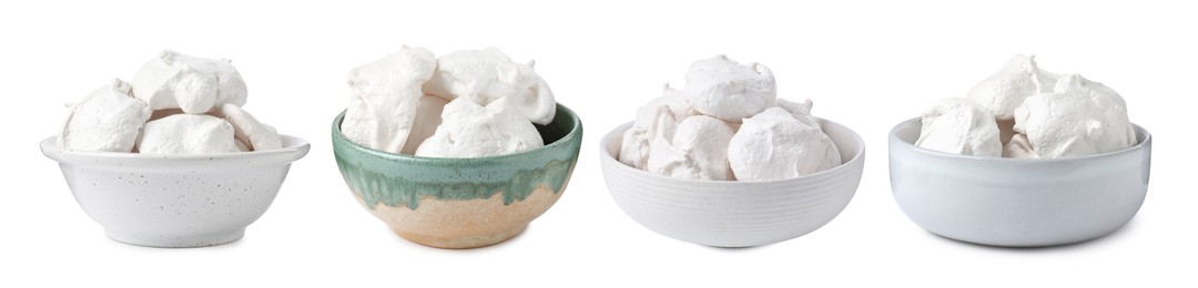 Image of Yummy meringue cookies in bowls isolated on white, collage