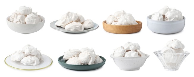 Image of Yummy meringue cookies isolated on white, collage