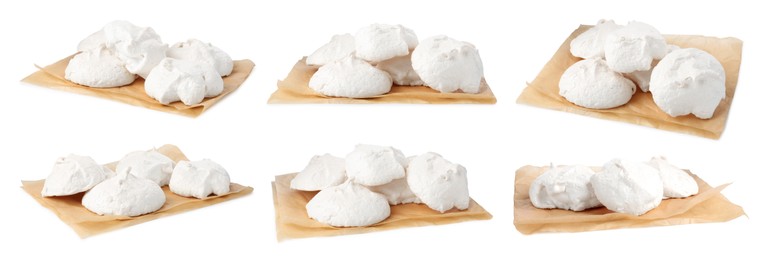 Image of Yummy meringue cookies isolated on white, collage