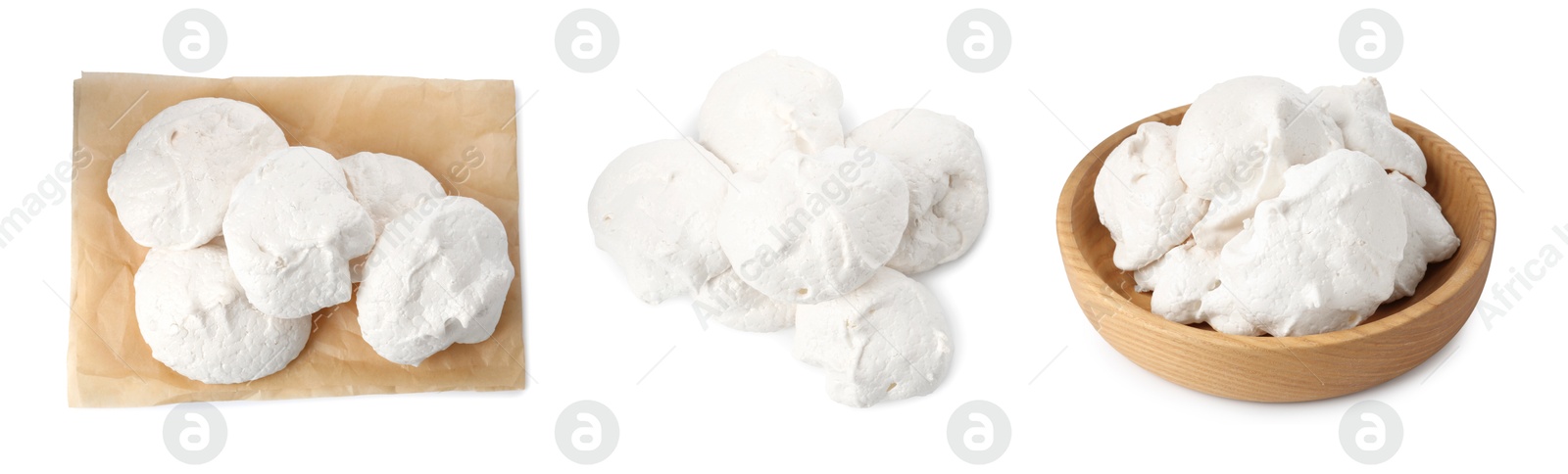 Yummy meringue cookies isolated on white, collage Image of Yummy meringue cookies isolated on white, collage