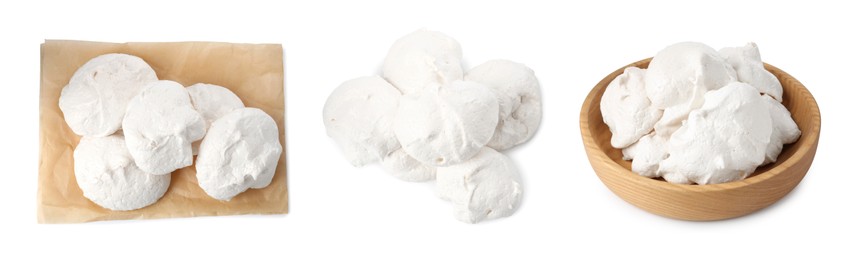 Image of Yummy meringue cookies isolated on white, collage