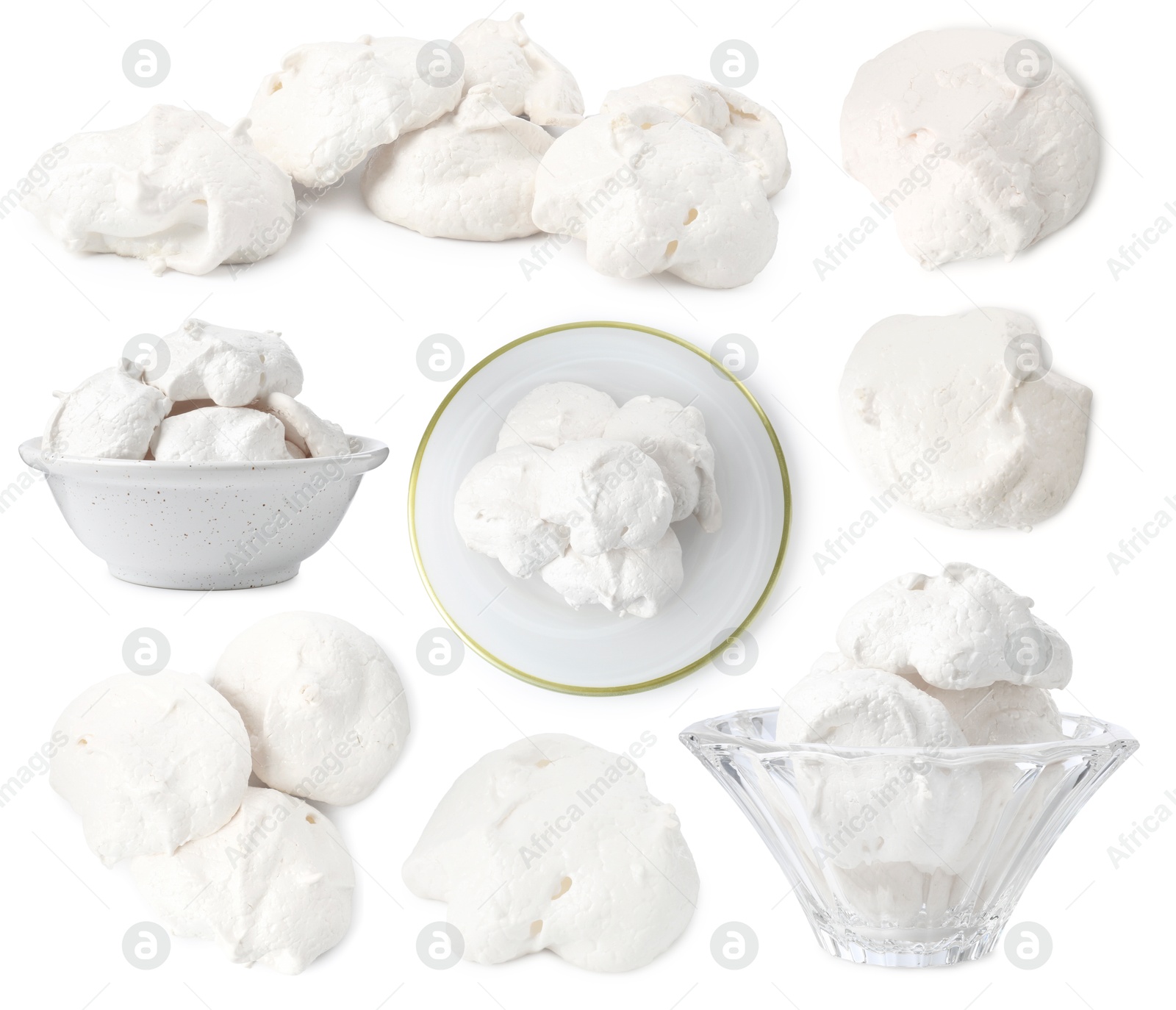 Yummy meringue cookies isolated on white, collage Image of Yummy meringue cookies isolated on white, collage