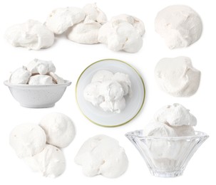 Image of Yummy meringue cookies isolated on white, collage