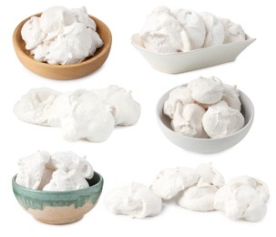 Image of Yummy meringue cookies isolated on white, collage