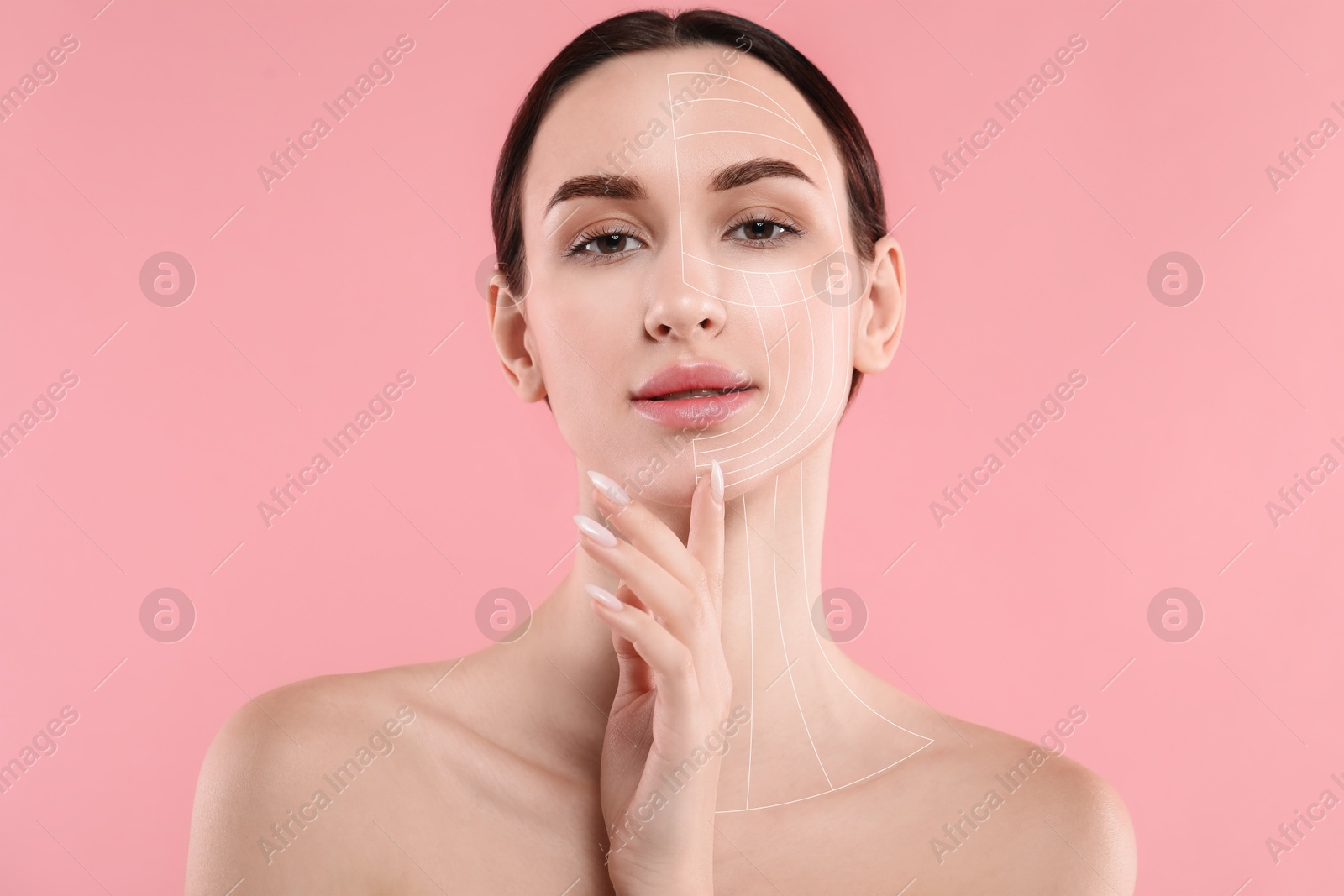Beautiful woman with perfect skin after collagen treatment on pink background. Lines on her face illustrating lifting and smoothing effect Image of Beautiful woman with perfect skin after collagen treatment on pink background. Lines on her face illustrating lifting and smoothing effect