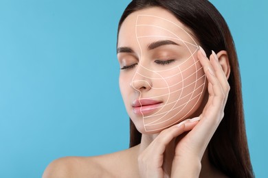 Image of Woman with perfect skin after collagen treatment on light blue background, space for text. Lines on her face illustrating lifting and smoothing effect