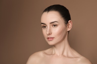 Image of Woman with perfect skin after collagen treatment on brown background. Lines on her face illustrating lifting and smoothing effect