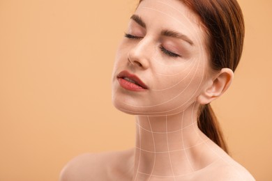Image of Young woman with perfect skin after collagen treatment on beige background. Lines on her face illustrating lifting and smoothing effect