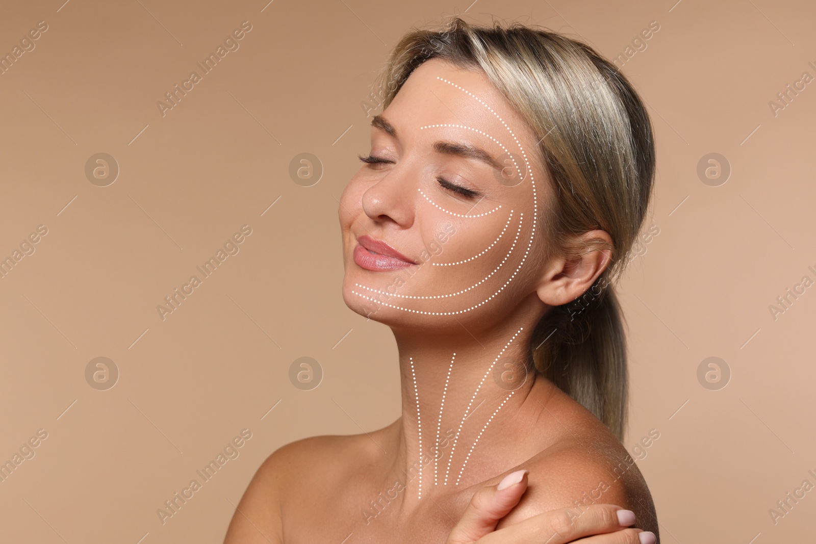 Young woman with perfect skin after collagen treatment on dark beige background. Lines on her face illustrating lifting and smoothing effect Image of Young woman with perfect skin after collagen treatment on dark beige background. Lines on her face illustrating lifting and smoothing effect