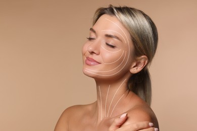 Image of Young woman with perfect skin after collagen treatment on dark beige background. Lines on her face illustrating lifting and smoothing effect