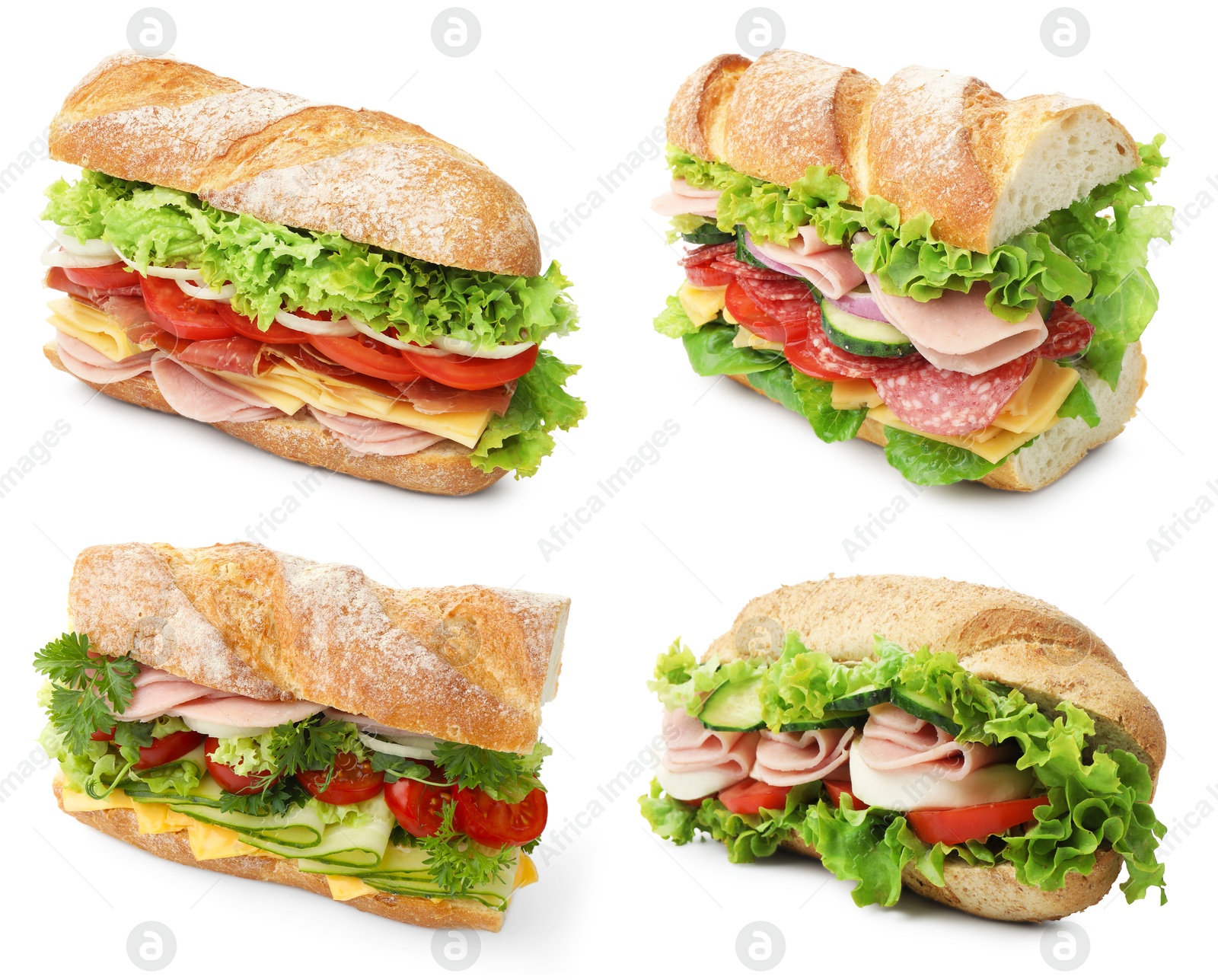 Delicious baguette sandwiches with different fillings isolated on white, collage Image of Delicious baguette sandwiches with different fillings isolated on white, collage