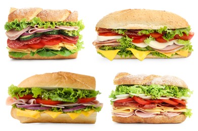Image of Delicious baguette sandwiches with different fillings isolated on white, collage