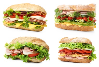 Image of Delicious baguette sandwiches with different fillings isolated on white, collage