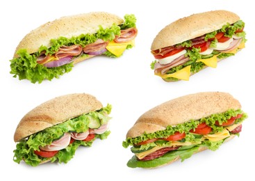 Image of Delicious baguette sandwiches with different fillings isolated on white, collage