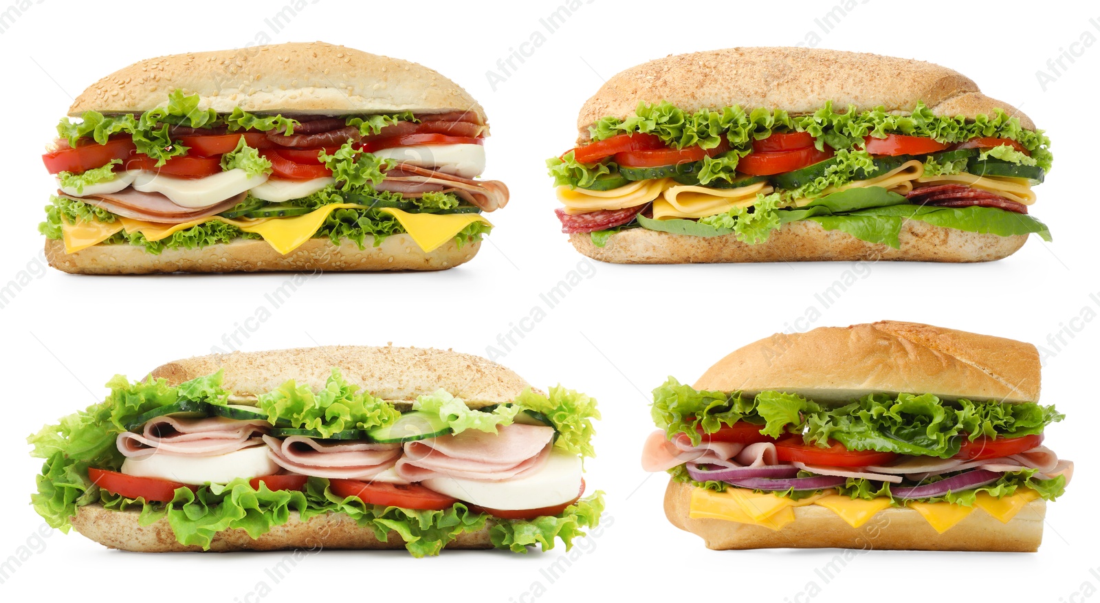 Delicious baguette sandwiches with different fillings isolated on white, collage Image of Delicious baguette sandwiches with different fillings isolated on white, collage