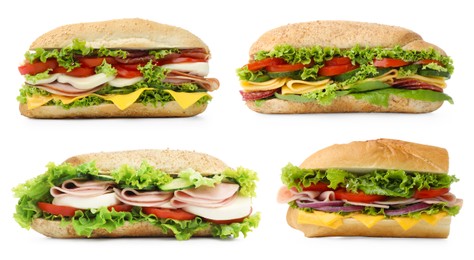 Image of Delicious baguette sandwiches with different fillings isolated on white, collage