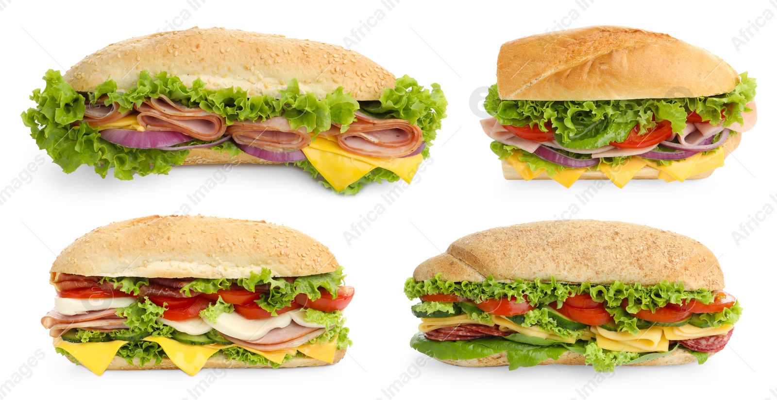 Delicious baguette sandwiches with different fillings isolated on white, collage Image of Delicious baguette sandwiches with different fillings isolated on white, collage